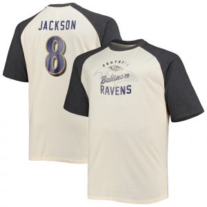Men's Lamar Jackson Oatmeal Baltimore Ravens Big & Tall Player Name & Number Raglan T-Shirt