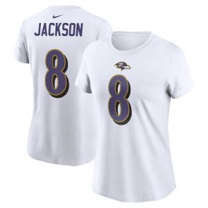 Women's Nike Lamar Jackson White Baltimore Ravens Player Name & Number T-Shirt
