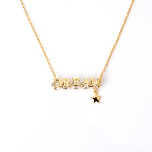 18kt Yellow Gold Plated Necklace with Pendant that reads "Dream" with White Gemstones