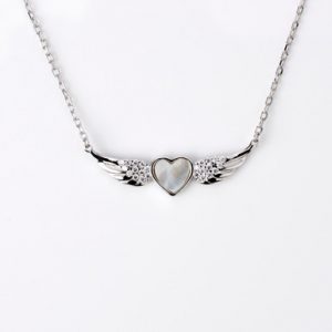Platinum Plated Necklace with Mother of Pearl Winged Pendant with Gemstones