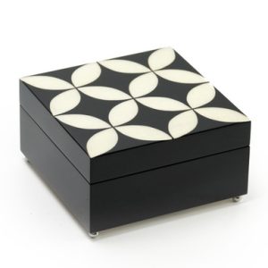 Elegant 36 Note Reuge Midnight Black and Ivory Contemporary Sorrento Music Jewelry Box