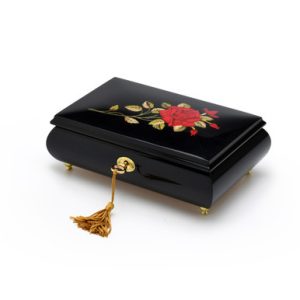 Enchanting 36 Note Black Lacquer Single Red Rose with Gold Hardware Music Jewelry Box