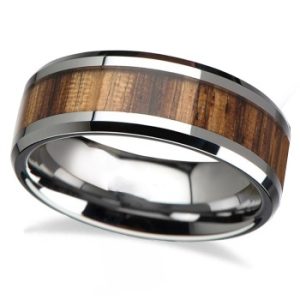 Beveled Edges and Real Zebra Wood Inlay Tungsten Wedding Band (8mm)