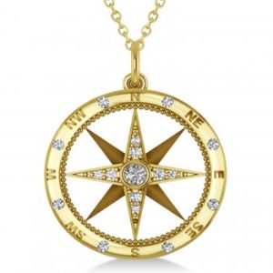 Extra Large Compass Necklace Pendant For Men Diamond Accented 14k Yellow Gold (0.45ct)