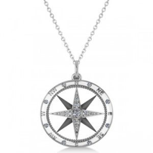 Extra Large Compass Necklace Pendant For Men Lab Grown Diamond Accented 14k White Gold (0.45ct)