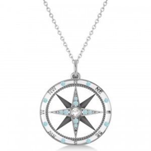 Extra Large Compass Pendant For Men Aquamarine & Diamond Accented 14k White Gold (0.45ct)