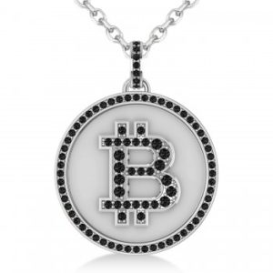Large Black Diamond Bitcoin Pendant Necklace 14k White Gold (1.21ct)