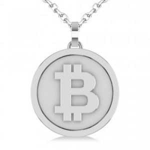 Large Cryptocurrency Bitcoin Pendant Necklace 18k White Gold